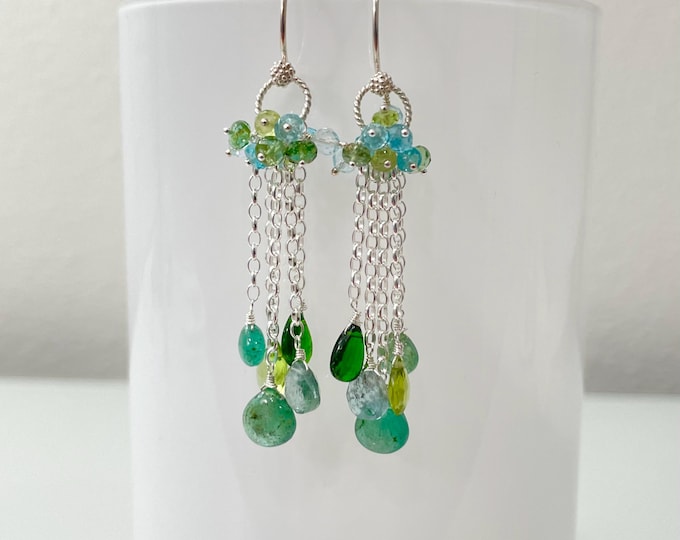 Green Gemstone RainCloud Earrings in Gold, Mystic Green Quartz, Prasiolite, Prehnite, Peridot and Moss Aquamarine