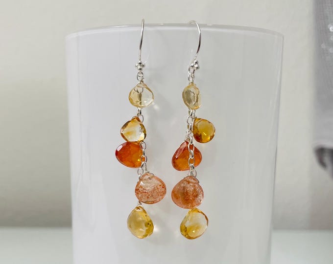 Yellow Orange Semiprecious Gemstone Line Earrings in Sterling Silver Citrine Carnelian and Mystic Topaz