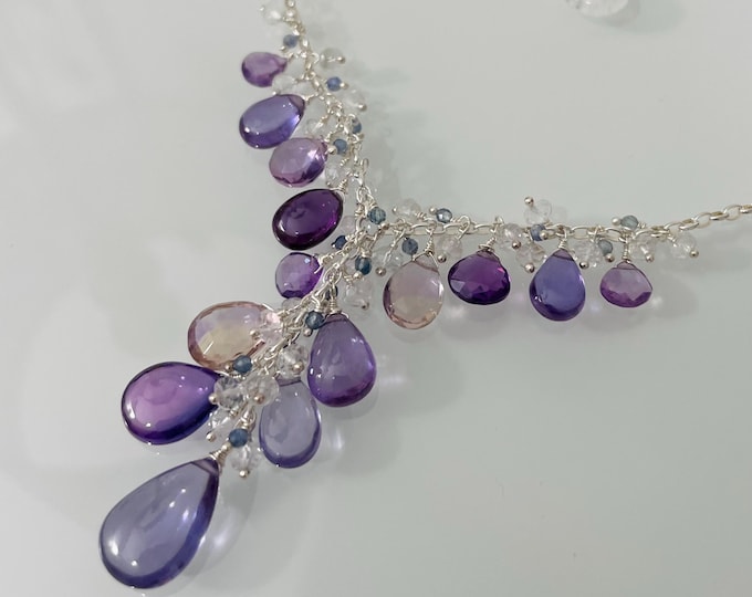 Purple Sapphire Y-Necklace in Sterling Silver with Ametrine, Amethyst, Rainbow Moonstone, Blue Sapphire and Rock Crystal // Passion