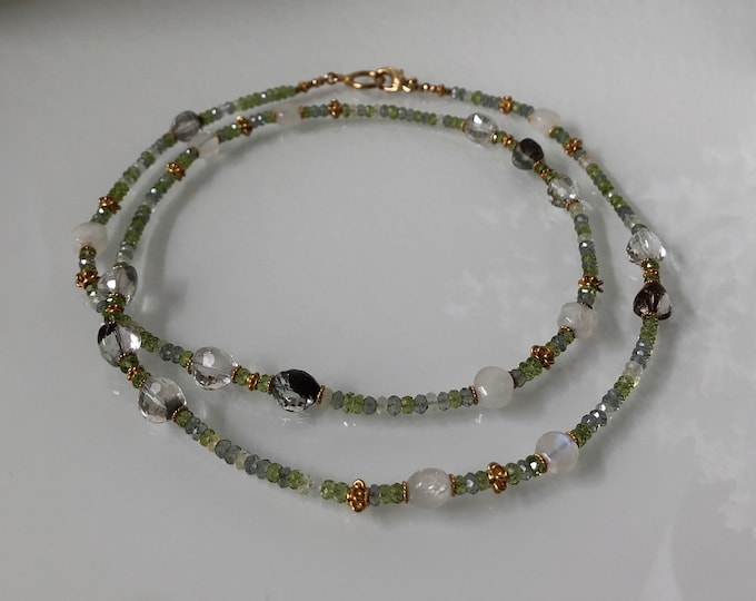 Long Semiprecious Green Beaded Gemstone Necklace in Gold Vermeil with Phantom Quartz, Rainbow Moonstone, Peridot, Prehnite, Green Amethyst