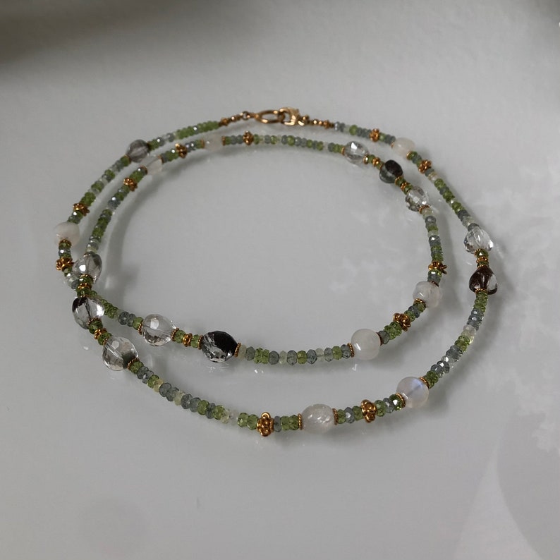Prehnite Peridot Rainbow Moonstone Green Amethyst Long Semiprecious Green Beaded Gemstone Necklace in Gold Vermeil with Phantom Quartz