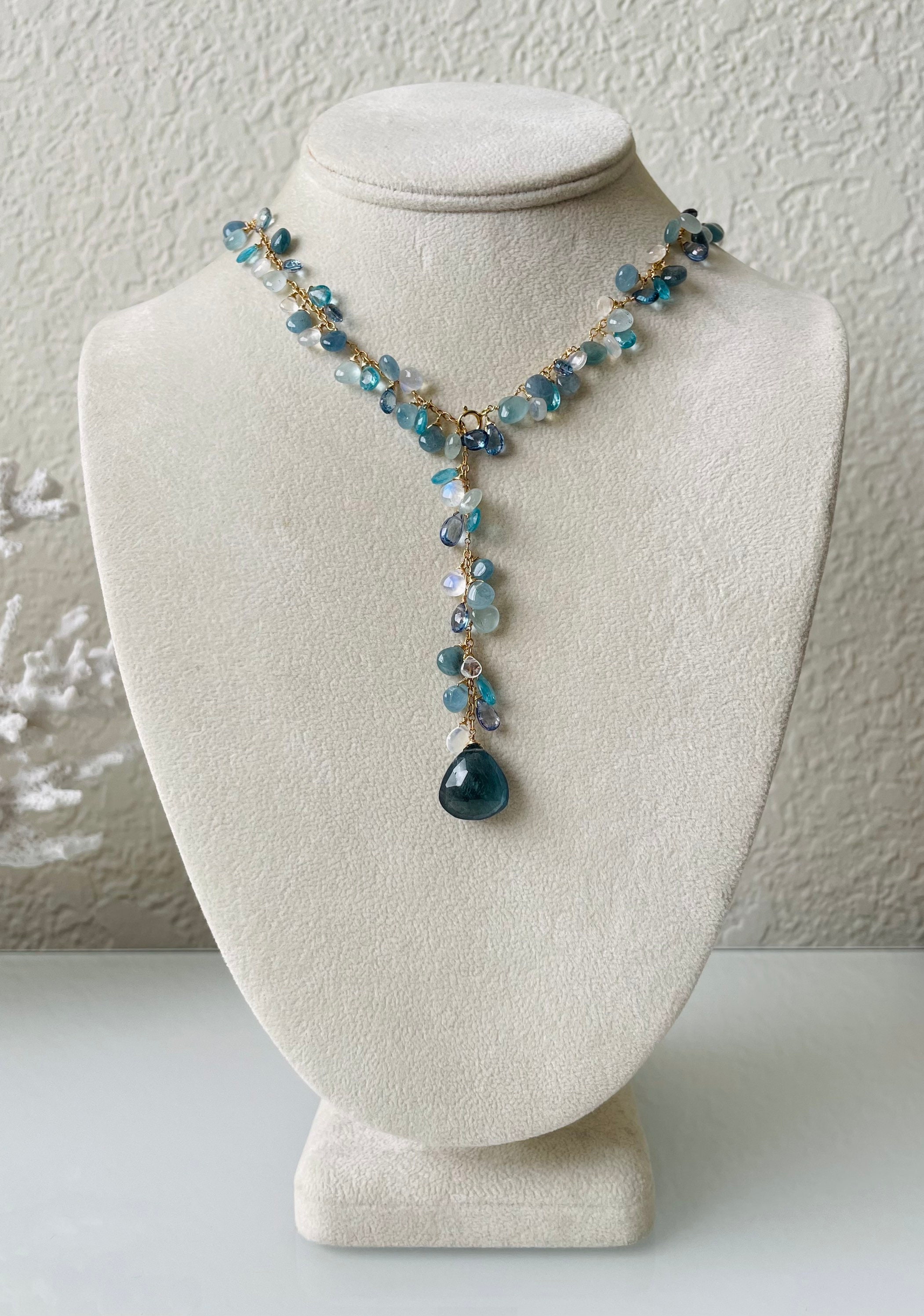Blue Gemstone Lariat Necklace in Gold-fill and Moss - Etsy