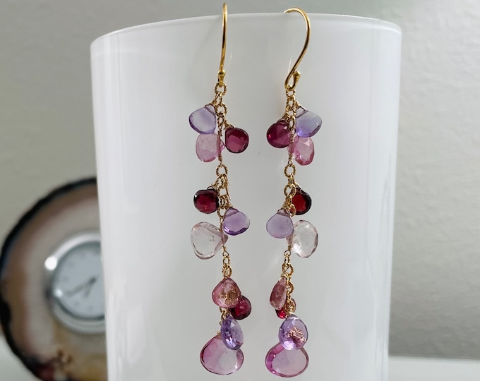 Semiprecious Gemstone Earrings in Gold Vermeil with Mystic Pink Topaz, Garnet, Light Amethyst, Mystic Pink Quartz, Rhodolite Garnet