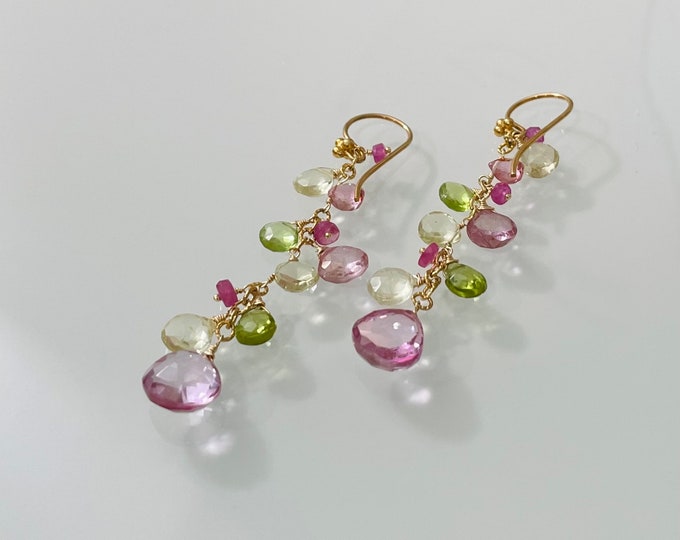 Semiprecious Gemstone Earrings in Gold and Mystic Pink Topaz, Lemon Citrine, Peridot, Mystic Pink Quartz, Pink Sapphire