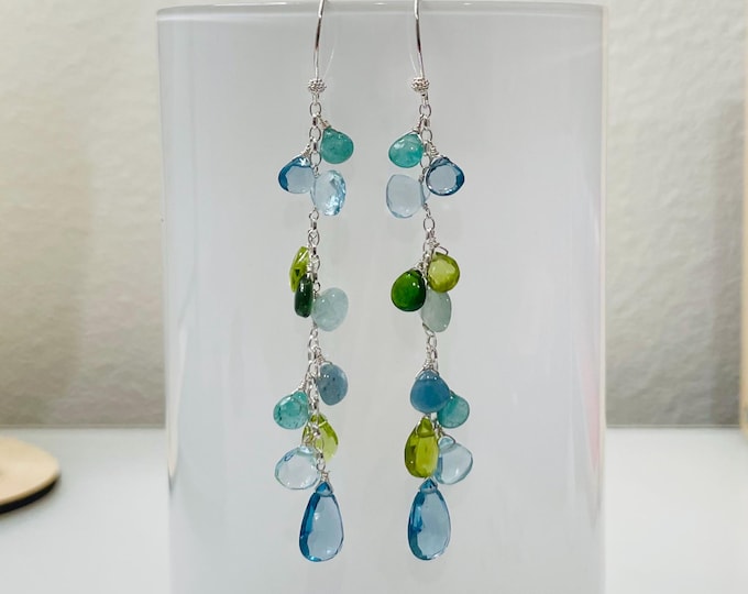 Handmade Sterling Silver Gemstone Dangle Earrings: London Blue Topaz, Peridot