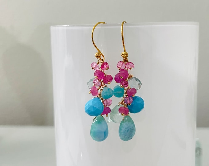 Gemstone Earrings in Gold Vermeil with Larimar, Howlite Turquoise, Aquamarine, Amazonite, Mystic Pink Topaz and Mystic Pink Quartz