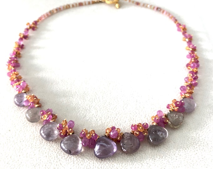 Sapphire Gemstone Beaded Necklace in Gold Vermeil and Lavender and Gray Umba Sapphires, Pink Sapphire, Orange Padparadscha Sapphire