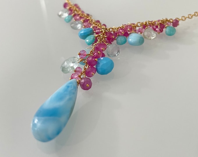 Semiprecious Gemstone Pendant Y-Necklace in Gold, Larimar, Aquamarine, Howlite Turquoise, Amazonite, Pink Sapphire and Mystic Pink Quartz