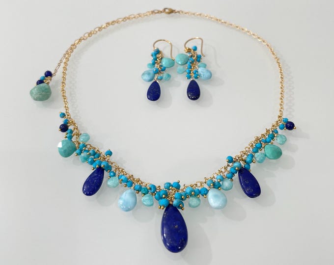Semiprecious Gemstone Necklace Earrings Set in Gold with Lapis Lazuli, Sleeping Beauty Turquoise, Larimar, Amazonite and Turquoise