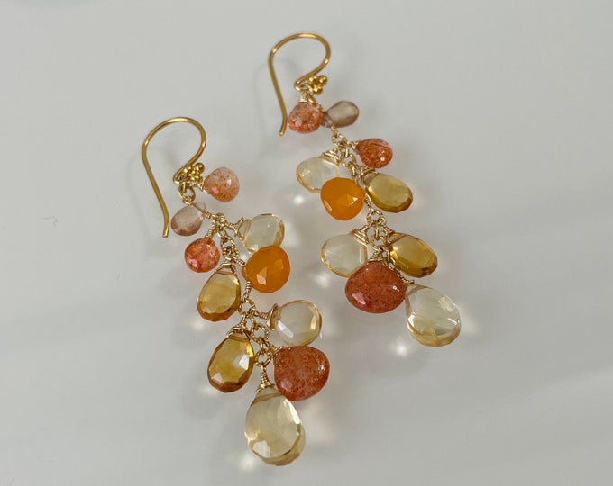 Semiprecious Gemstone Earrings in Gold with Fiery African Sunstone, Yellow and Golden Citrine, Orange Carnelian, Zircon