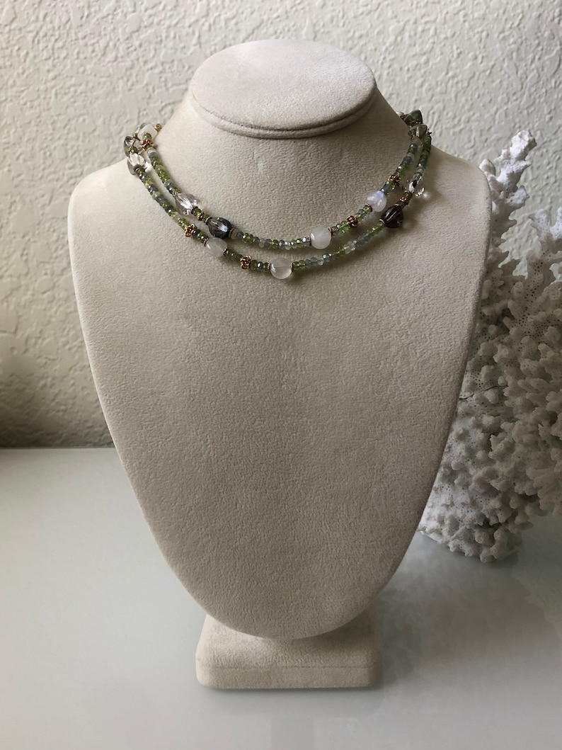 Prehnite Peridot Rainbow Moonstone Green Amethyst Long Semiprecious Green Beaded Gemstone Necklace in Gold Vermeil with Phantom Quartz