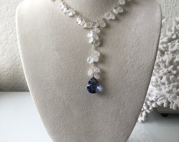 Rainbow Moonstone Lariat Necklace in Sterling Silver with Mystic Tanzanite Blue Quartz Focal Gemstone // Lovely Leftovers