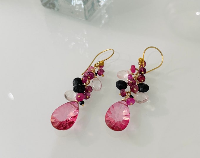 Gemstone Earrings in Gold Vermeil Mystic Rubellite Pink Topaz, Rose Quartz, Morganite, Black Spinel, Rhodolite Garnet and Pink Sapphire