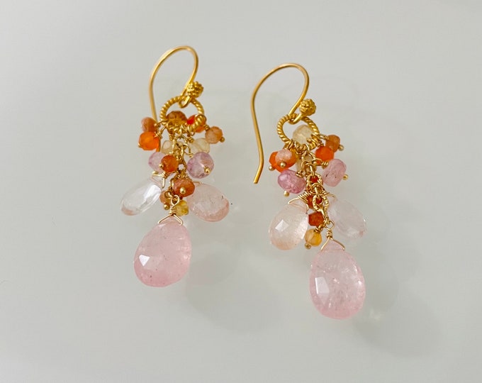 Semiprecious Gemstone Earrings in Gold with Morganite, Lavender Sapphire, Orange Carnelian, Citrine and African Sunstone