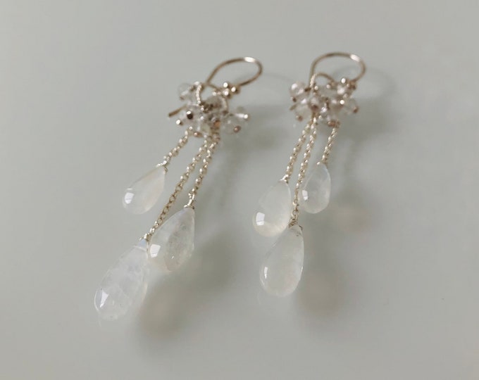 Bridal Waterfall Earrings in Sterling Silver with Rainbow Moonstone and Rock Crystal Quartz // Bridal Collection