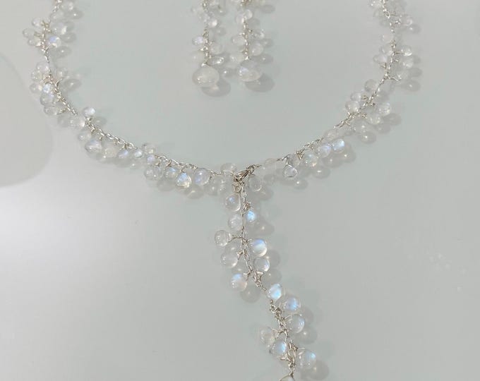 Something Blue Bridal Signature Lariat Necklace and Earrings in Sterling Silver and Rainbow Moonstone // Bridal Collection