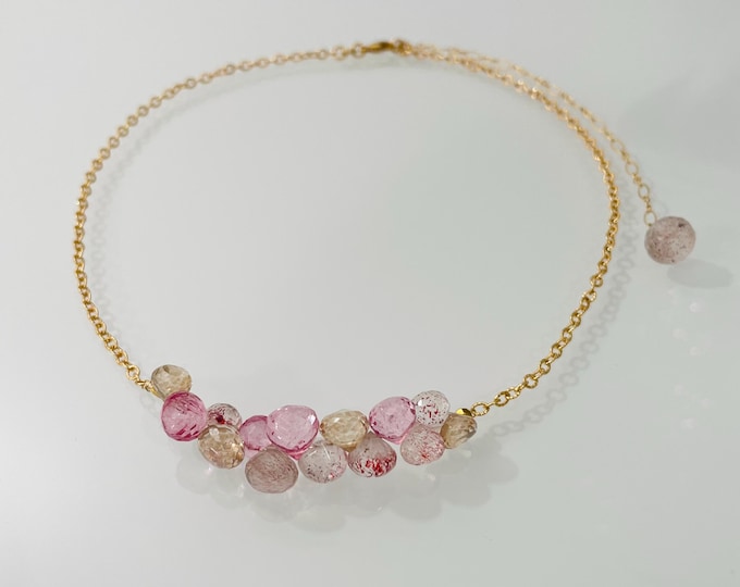 Semiprecious Gemstone Bead Bar Choker Necklace in Gold with Lepidolite, Sunstone, Mystic Pink Quartz and Mystic Champagne Quartz
