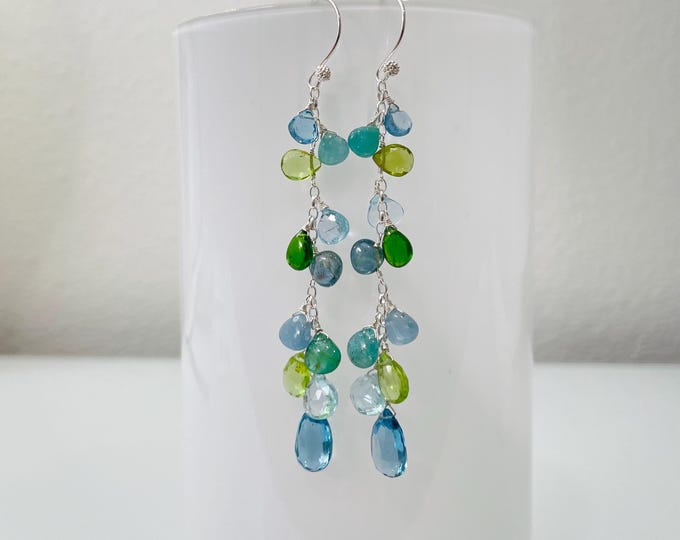 Blue Green Gemstone Long Earrings in Silver with London Blue Topaz, Sky Blue Topaz, Peridot, Emerald, Chrome Diopside, Moss Aqua, Sapphire