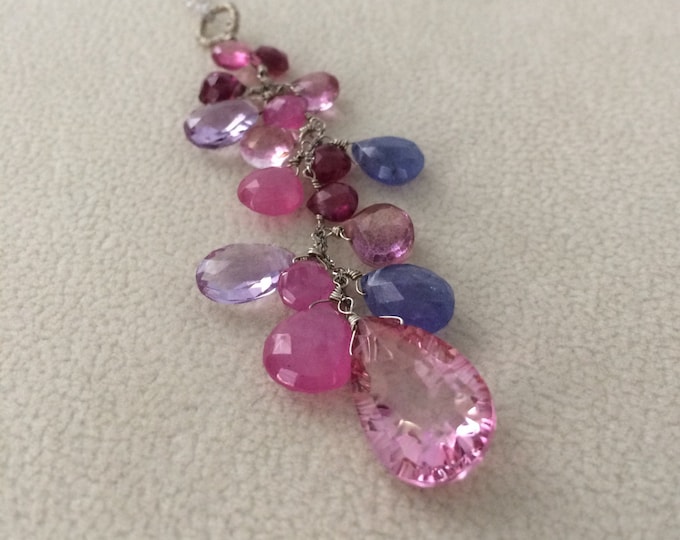 Pink Sapphire Gemstone Pendant Necklace in 14K White Gold, Mystic Pink Topaz, Tanzanite, Tourmaline and Ametrine