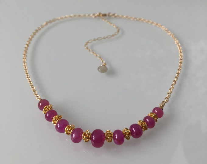 Raspberry Pink Sapphire Bead Bar Choker Necklace in Gold Fill Chain