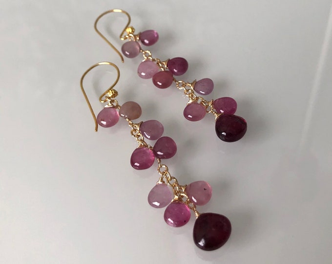 Pink Sapphire Gemstone Dangle Earrings in Gold Vermeil with Burgundy Red Umba Sapphire