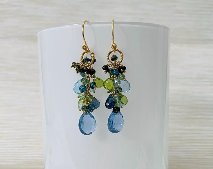 Semiprecious Gemstone Cluster Earrings in Gold and Aquamarine, Blue Topaz, Peridot and Green Tourmaline