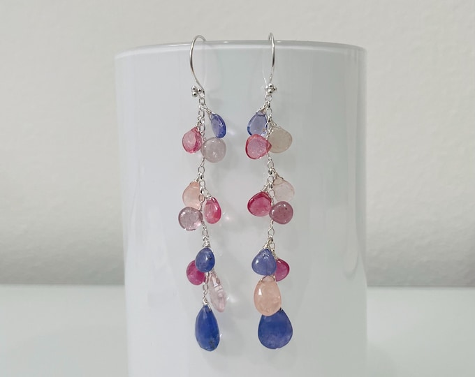 Semiprecious Gemstone Mismatched Signature Earrings in Silver, Tanzanite, Pink Sapphire, Morganite and Pink Topaz