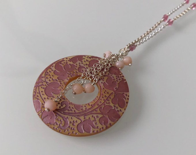 Pink Paisley Donut Shell Pendant in Sterling Silver with Pink Tourmaline and Peruvian Pink Opal