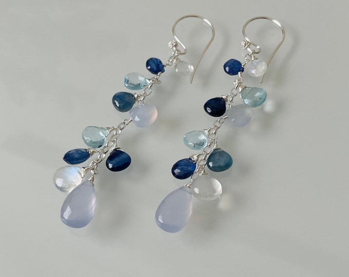 Bridal Blue Earrings in Silver with Chalcedony, Rainbow Moonstone, Ceylon Sapphire and Sky Blue Topaz // Bridal Collection