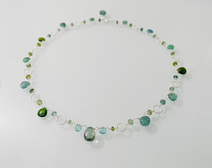 Delicate Green Sapphire Emerald Choker Necklace in Gold with Chrome Diopside and Green Tourmaline