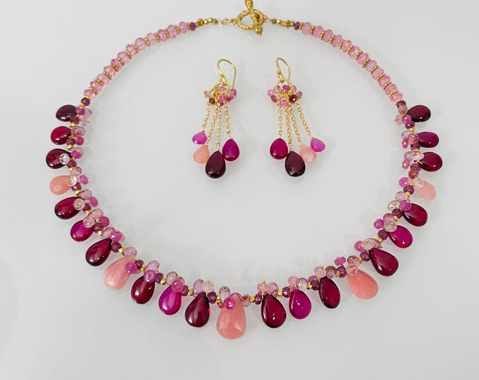 Red Sapphire & Pink Opal Vermeil Necklace: Gemstone Beaded Jewelry