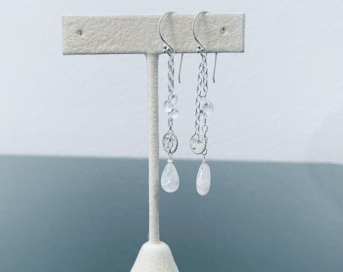 Rainbow Moonstone Line Earrings in Sterling Silver // Bridal Collection
