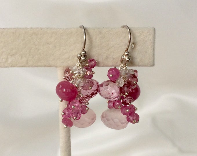 Rose Quartz Gemstone Earrings in Sterling Silver with Raspberry Pink Sapphire, Mystic Pink Quartz, Mystic Pink Topaz - Pink Gemstones