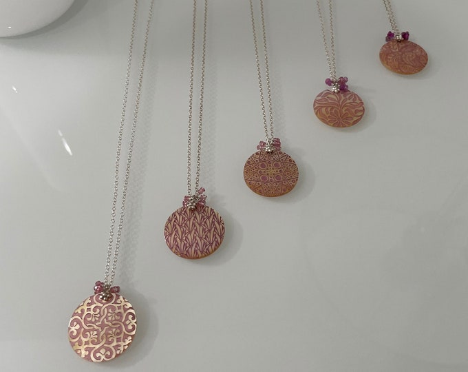 Mother of Pearl Shell Pendants in sterling Silver with Tourmaline and Pink Sapphire