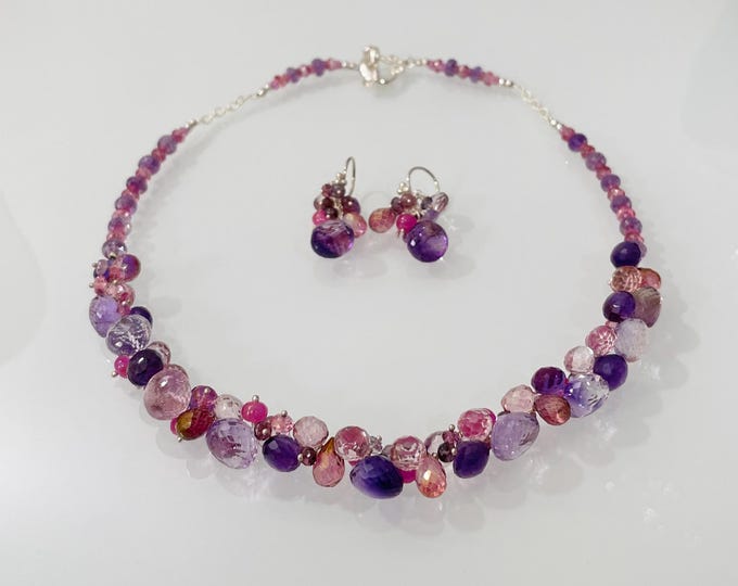 Semiprecious Gemstone Necklace Earrings Set in Silver, Moss Amethyst, Mystic Pink Topaz, Mystic Pink Quartz, Amethyst, Pink Sapphire, Spinel