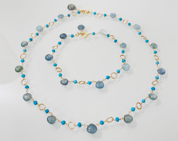 Delicate Blue Green Sapphire Choker and Bracelet Set in Gold Vermeil with Turquoise and Moss Aquamarine // Adjustable Length Necklace