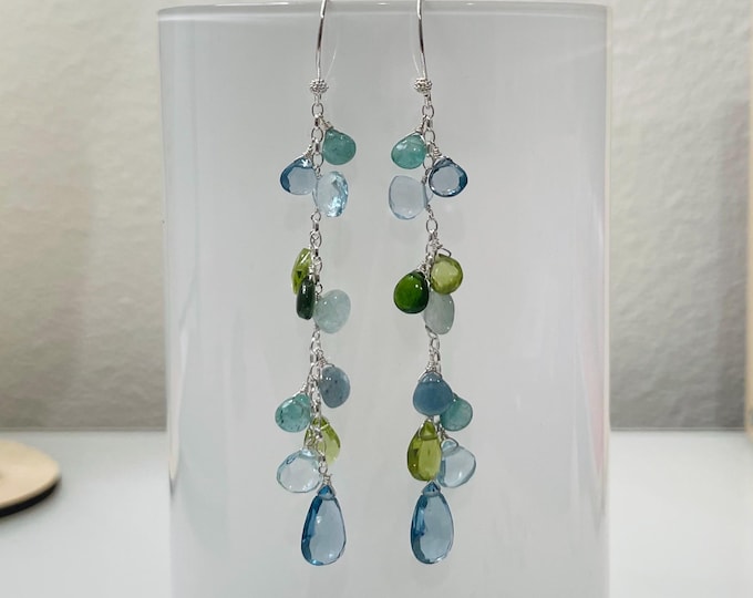 Handmade Sterling Silver Gemstone Dangle Earrings: London Blue Topaz, Peridot