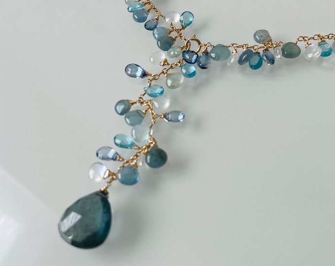 Blue Gemstone Lariat Necklace in Gold-fill and Moss Aquamarine, Mystic Tanzanite Blue Topaz, Rainbow Moonstone and Apatite