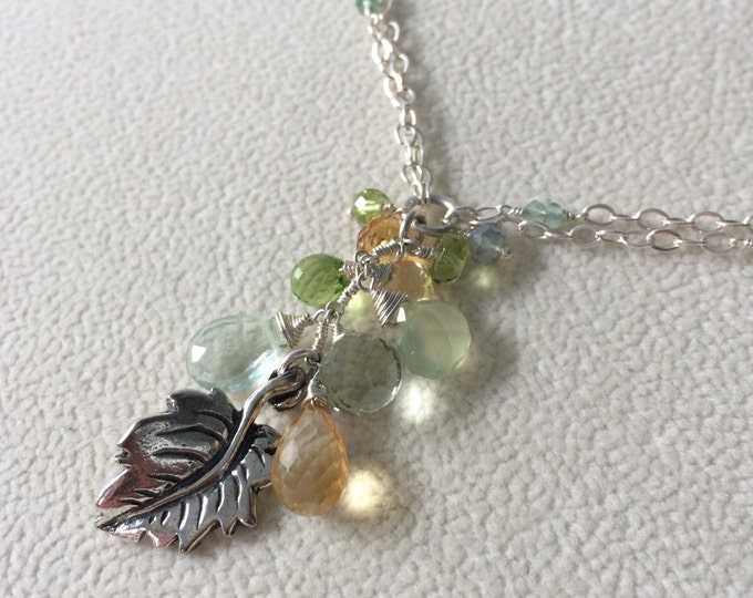 Citrine, Peridot, Green Amethyst, Green Flourite and Prehnite Autumn Leaf Pendant in Sterling Silver Double Chain