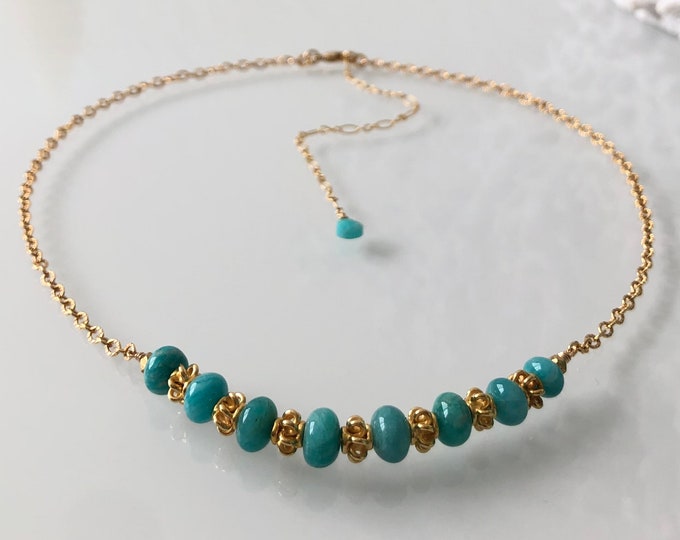 Semiprecious Amazonite Bead Bar Choker Necklace in Gold Fill Chain