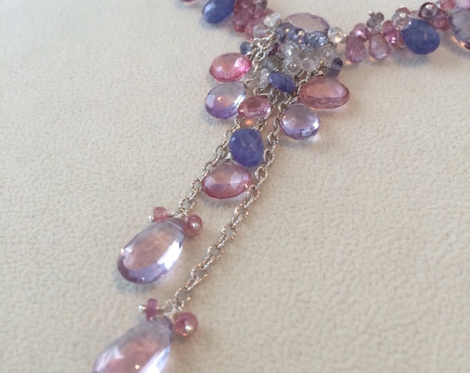 Gemstone Necklace in Sterling Silver with Pink Sapphire, Tanzanite, Mystic Pink Topaz, Pink Amethyst, Mystic Pink Quartz, Spinel and Iolite