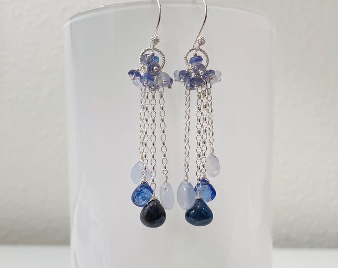 Blue Gemstone RainCloud Earrings in Sterling Silver, Blue Sapphire, Tanzanite, Natural Holy Blue Chalcedony, Kyanite and Iolite