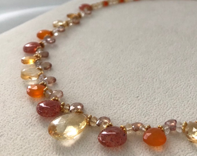 Semiprecious Gemstone Beaded Necklace in Gold Vermeil with Yellow and Golden Citrine, Sunstone, Orange Carnelian, Zircon