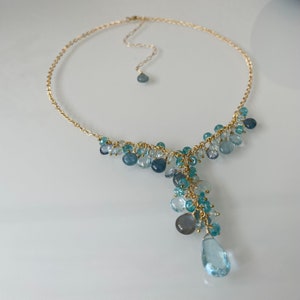 Semiprecious Gemstone Pendant Y-Necklace in Gold, Sky Blue Topaz, Labradorite, Moss Aquamarine, Mystic London Blue Topaz, Apatite image 7