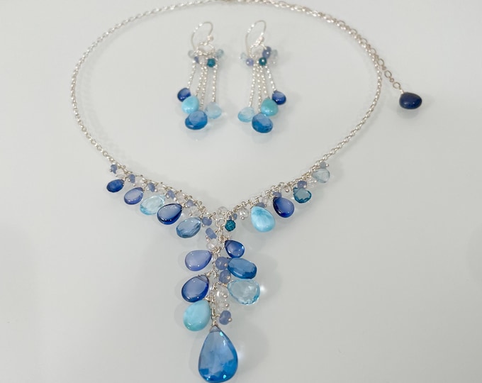 Sterling Silver Aquamarine Sapphire Necklace Earrings Set - RainCloud Design