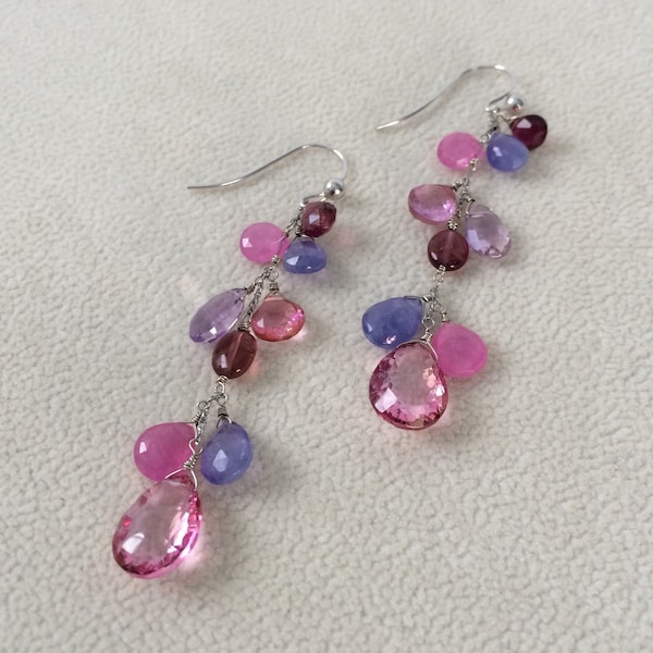 Pink Sapphire Gemstone Dangle Earrings in 14K White Gold, Mystic Pink Topaz, Tanzanite, Tourmaline, Ametrine