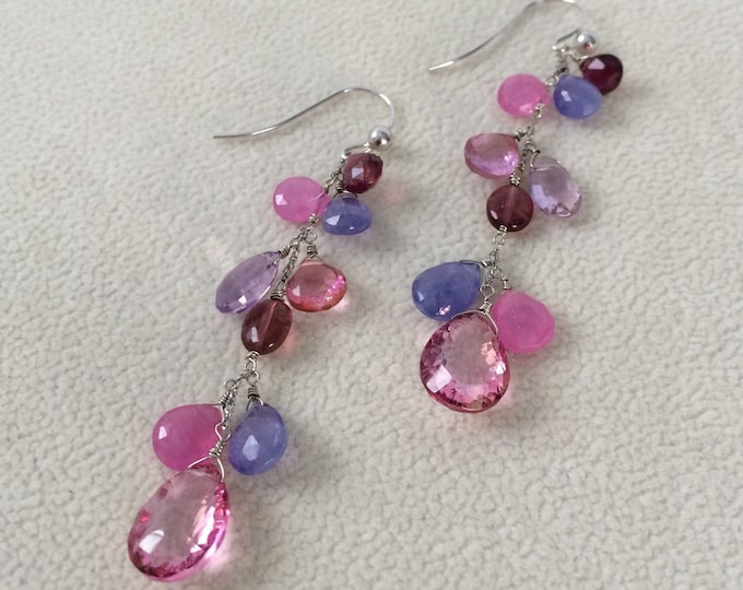 Pink Sapphire Gemstone Dangle Earrings in 14K White Gold, Mystic Pink Topaz, Tanzanite, Tourmaline, Ametrine