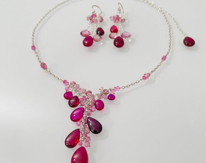 Red Sapphire Y-Necklace Earrings Set in Sterling Silver with Mystic Pink Topaz and Mystic Pink Quartz