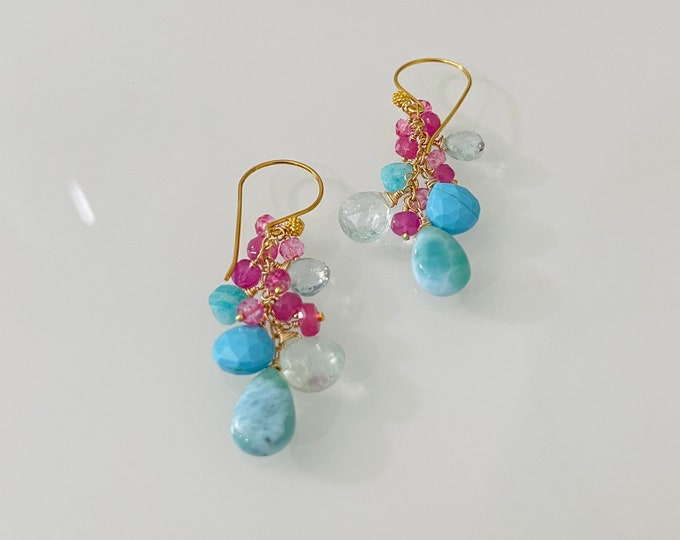 Gemstone Earrings in Gold Vermeil with Larimar, Howlite Turquoise, Aquamarine, Amazonite, Mystic Pink Topaz and Mystic Pink Quartz