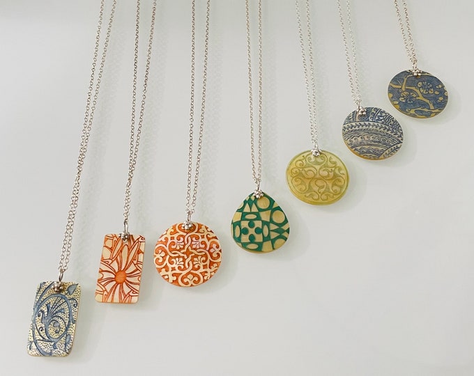 Blue Green Orange Mother of Pearl Shell Pendants in sterling Silver